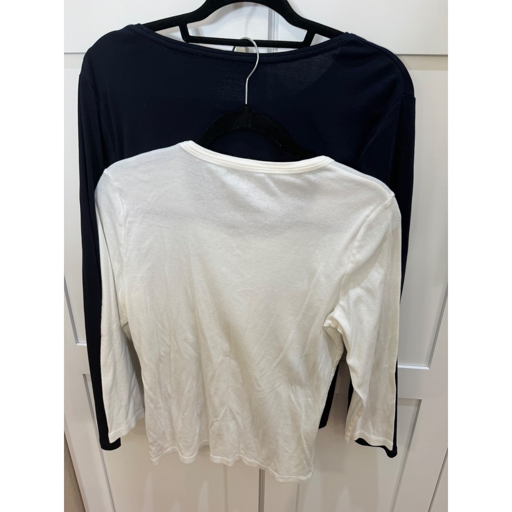 Talbots Womens Pima Cotton Long Sleeve Tee Bundle Navy Blue White Size L 2 Pack
